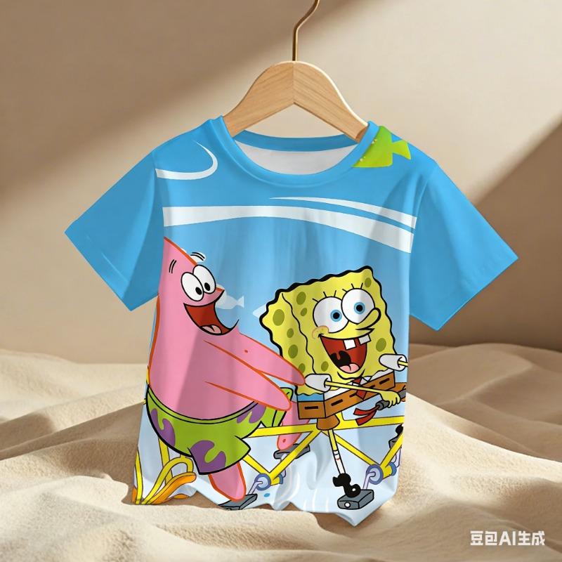 Summer Children's SpongeBob 3D Print Pattern T-shirt for Teenage Boys and Girls -  Casual Short-Sleeved Shirt