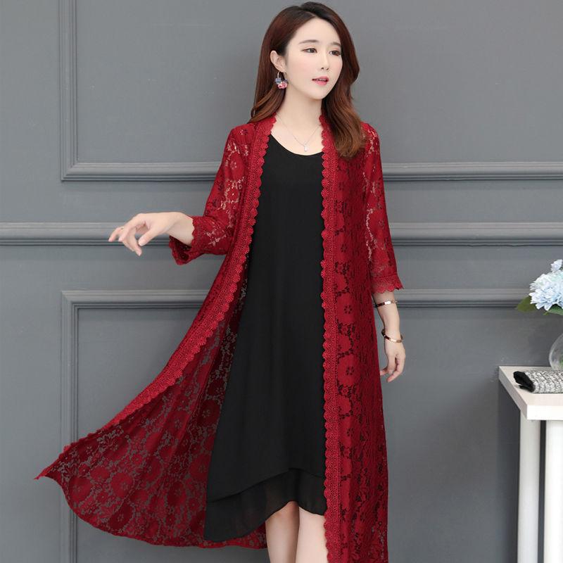 Women Lace Cardigan Mid-length Summer Mesh Shawl Loose Over-the-knee Sun Protection Clothing Women Jacket Shirt Outerwear