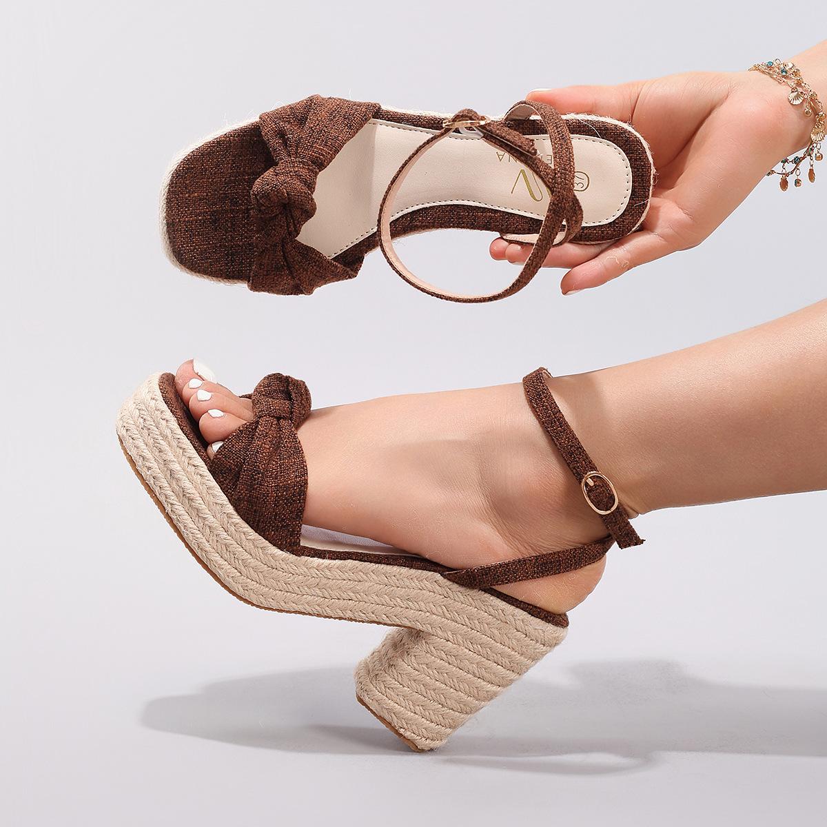 

Summer Bohemia Canvas Leisure Comfort Wedge Sandals Chunky Heel Women High Heel Pumps Ankle Strap Party Sandals Espadrilles Shoes 42EU/CN43 коричневий