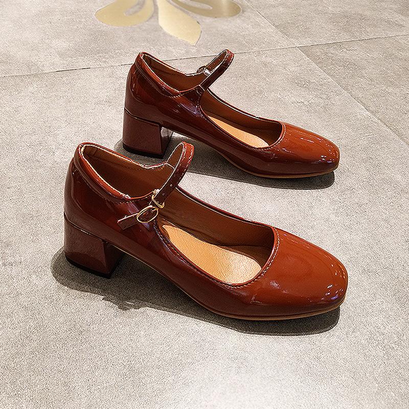 Móda Značka Mazefeng 2024 Jaro Podzim Mary Janes Boty Dámské Retro Kožené lodičky s čtvercovou špičkou Středně robustní podpatky 5 cm Kotníková přezka 35-39