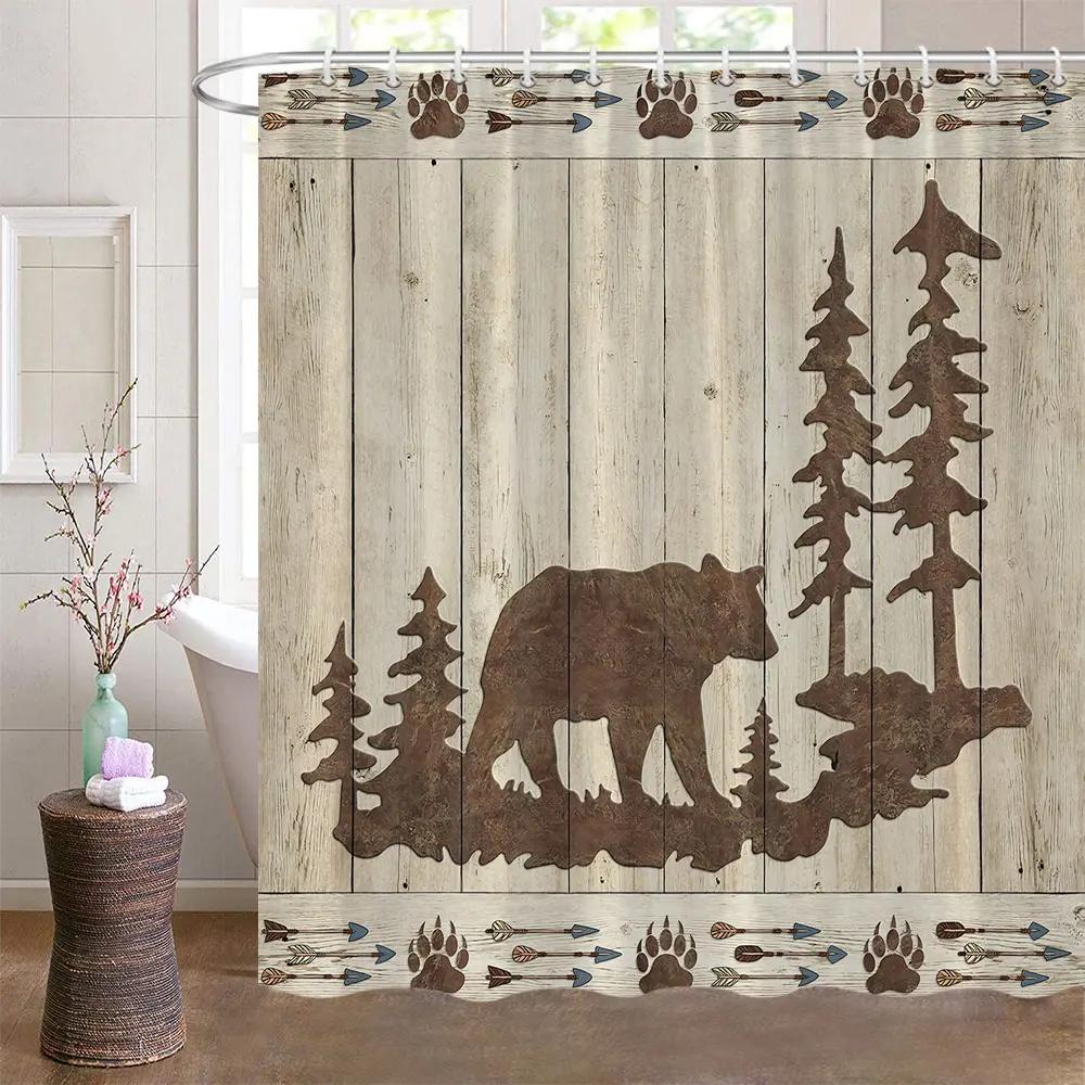 Bear Shower Curtains for Bathroom Wild Animals Rustic Cabin Forest Bear Print Wooden Board Cloth Bath Curtain Set Bathroom Decor