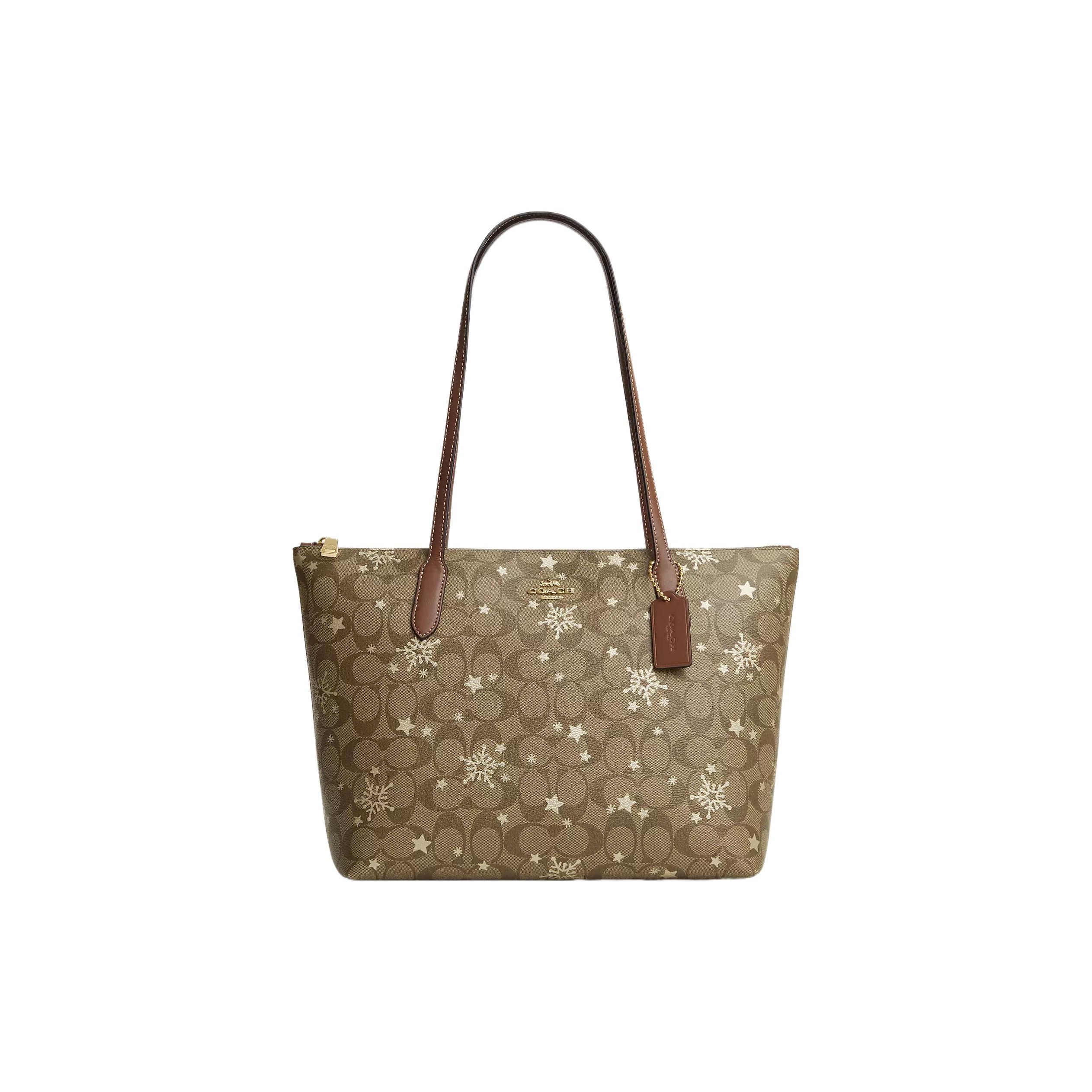 

Coach Zip Top Tote 29 Classic Monogram Snowflake Print Color Block Leather Tote Bag Women tote Khaki CN671-IMWD9 Basic Set (Bag+Dust Bag)