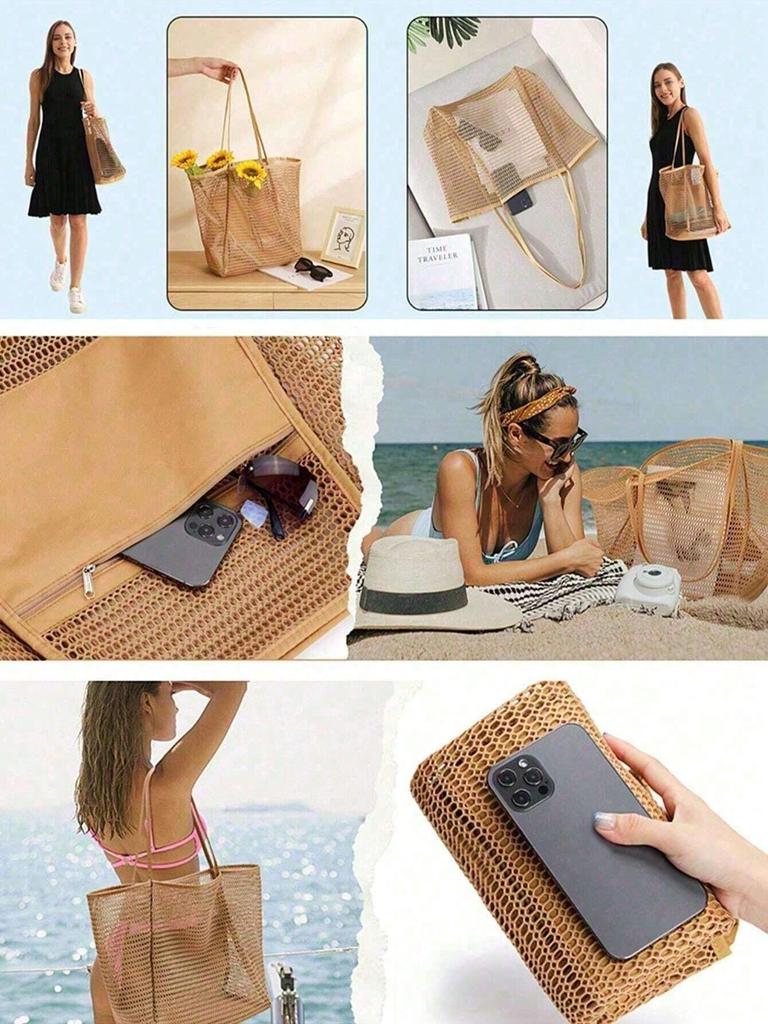 1pc Mesh Tote Bag, Cosmetic Bag, Casual Handbag, Foldable Women's Shoulder Bag For Picnic, Waterproof, Foldable, Essential Bag