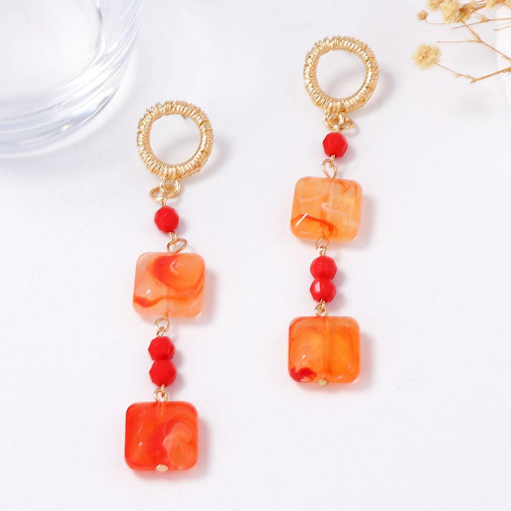 Simple, fresh, niche and trendy geometric square orange patchwork long earrings, elegant and stylish women's earrings