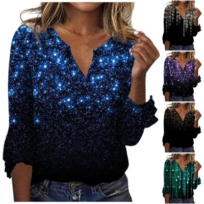Women's Top Loose Casual V-neck Solid Color Blouses Bell 3/4 Sleeve T-shirt