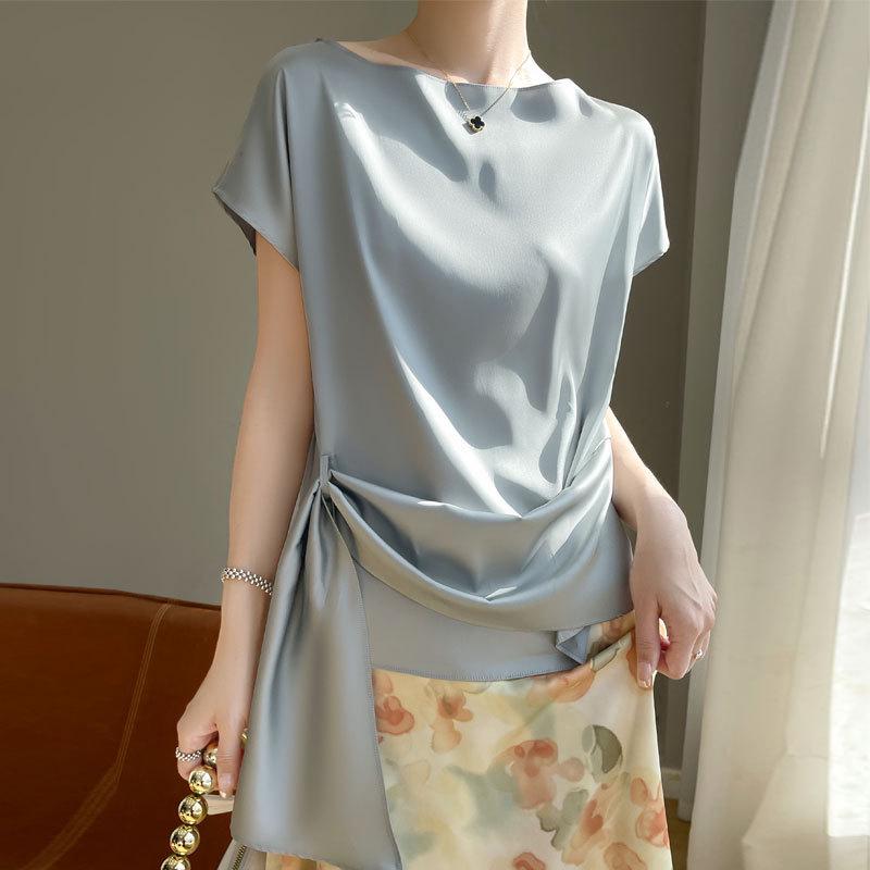 

2025 Женский летний дизайн Топ с коротким рукавом на одно плечо из ледяного шелка M suitable for 90-110 jin