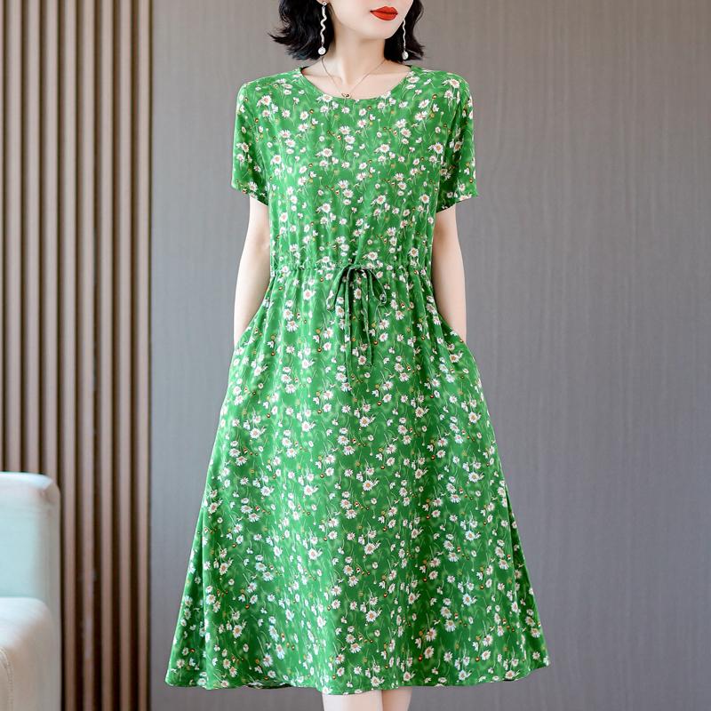 Elegant Dresses for Women  New Casual Vintage Print Long Dress Summer Short Sleeve Korean Style Female Clothing