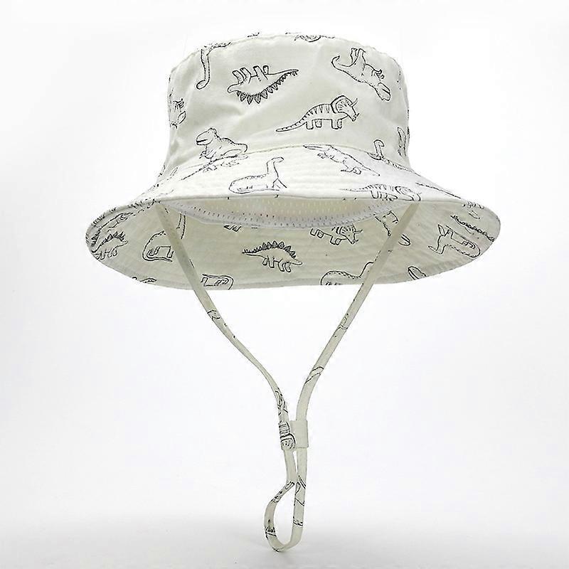 Dww-White Dinosaur-48cm Wide Brim Baby Sun Hat for Children, Summer Beanie for Boys and Girls, Anti-UV, Adjustable Cap