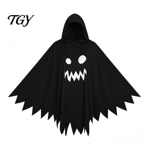 Black And White Ghost Cloak Halloween with Hood, Loose Fit Irregular Hem Costume Hooded Cape for Cosplay Party, Spooky Pullover Kids Adults