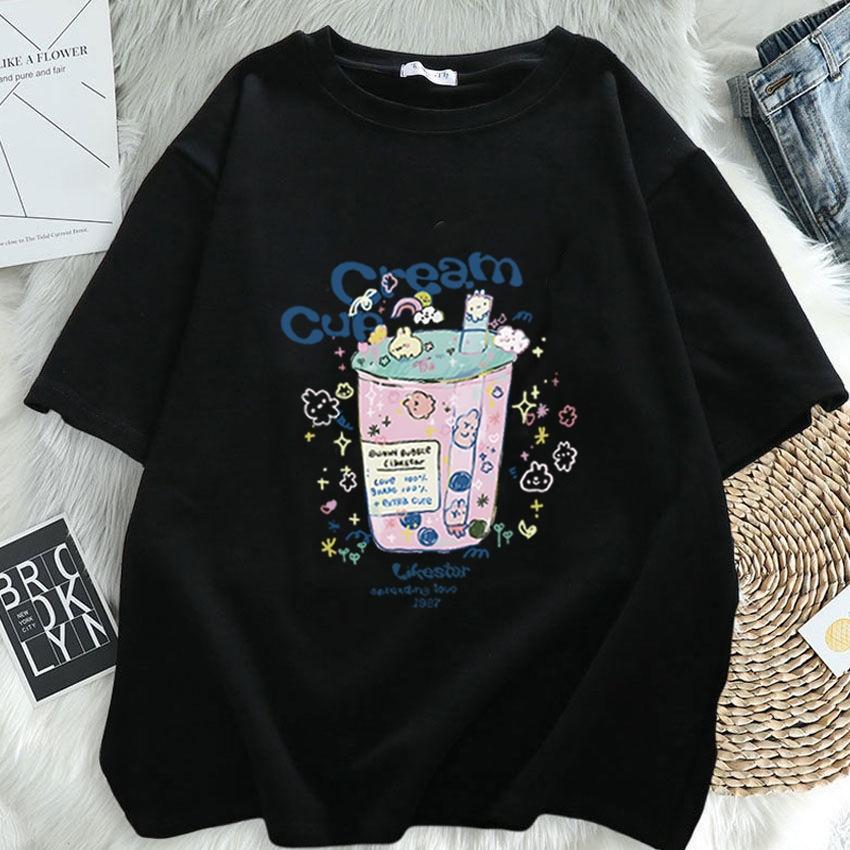Summer Short Sleeve Tshirt Women Cartoon Print Round Neck Top Fashion Loose Tee