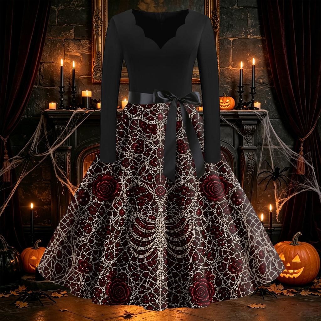 Women's Vintage Halloween Print Dress Long Sleeve V-Neck Flared Midi Dress for Party