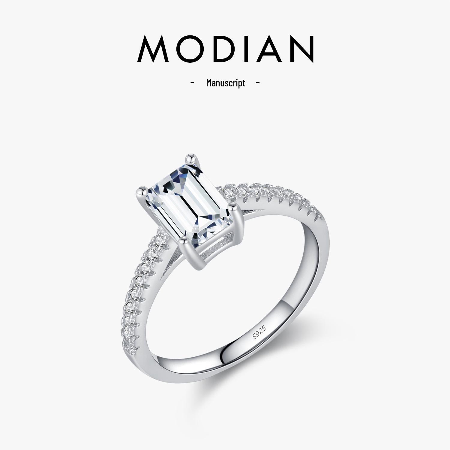 MODIAN S925 Sterling Silver Emerald-Cut Diamond Proposal Ring for Women US size 8
