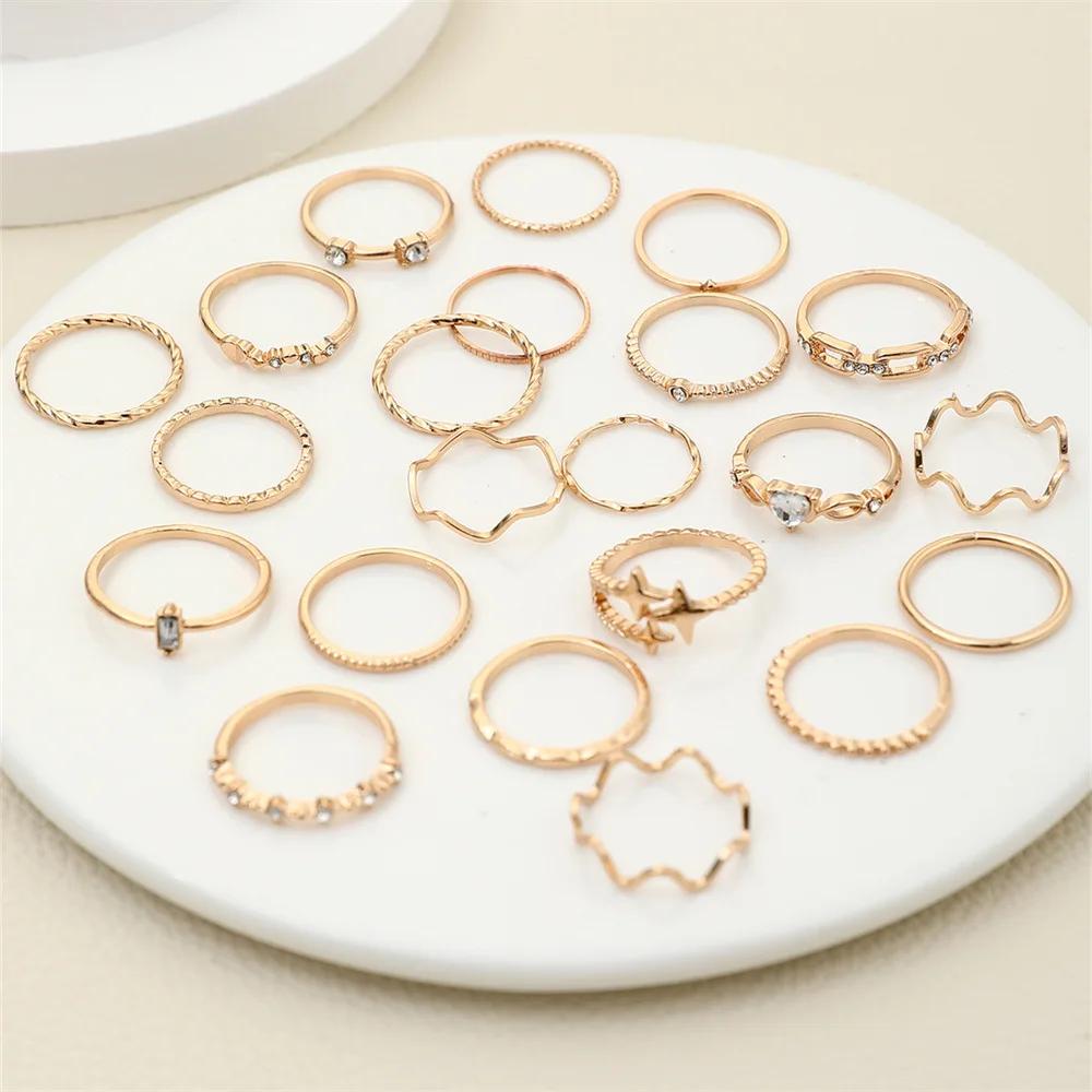 22Pcs Bohemian Geometric Knuckle Rings Set For Women Gold Silver Color Star Heart Crystal Finger Ring Girl Fashion Party Jewelry