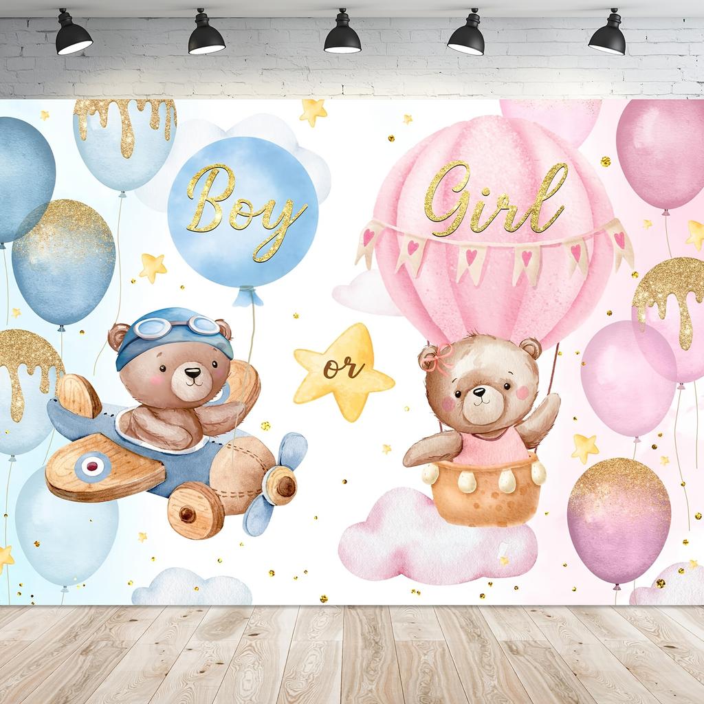 1pc Bear Gender Revelation Background - Blue and Pink Balloons "Boy or Girl" Banner with a Teddy Bear Decoration