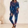 Women Plus Size Printed Two Piece Set Round Neck Long Sleeve Longline Top Fitted Pants