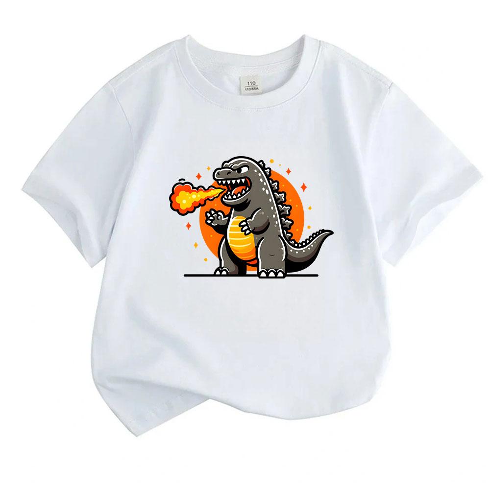 Cute Cartoon Dinosaur Fire Breath Print Kids T Shirt 100% Cotton Crew Neck Short Sleeve Tee for Boys Girls Casual Lightweight Soft Summer Daily Wear T