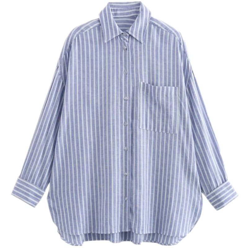 

Western Style 2024 Summer New Women clothes Elegant All-Match Long sleeve Lapel Casual Stripe Shirts 8176848 Blue XS