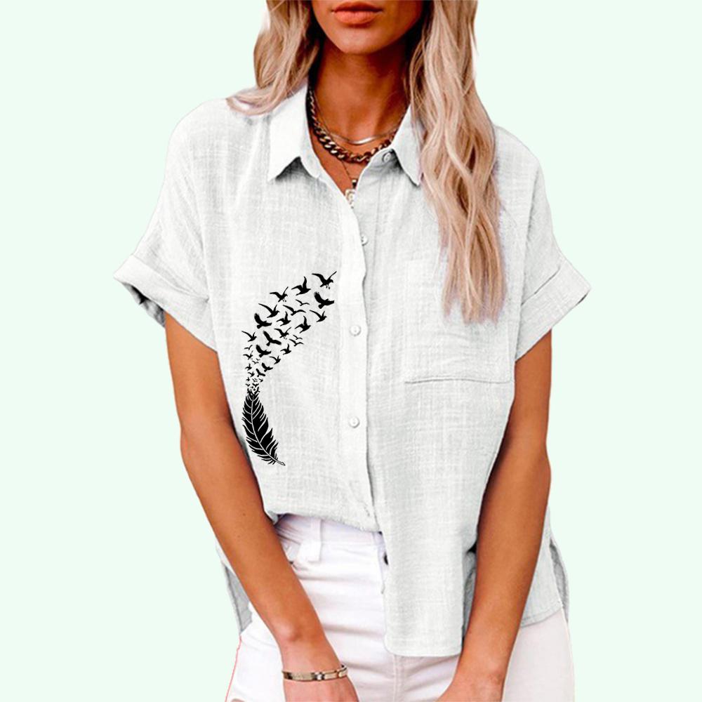 Women Fashion Print T-shirt Summer&autumn Casual Lapel Collar Top Ladies Buttoned-down Tee Shrit Loose Short Sleeve Blouses