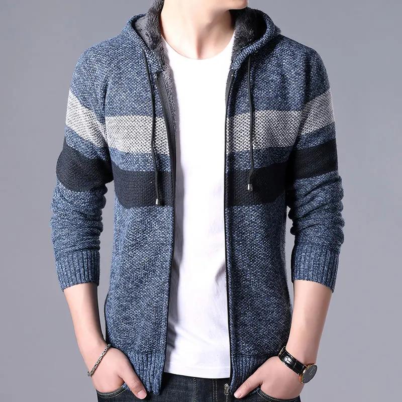 2025 Autumn Winter Men Casual Striped Sweatcoat Men Thick Fleece Warm Sweater Male Casual Stand Collar Zipper Cardigan