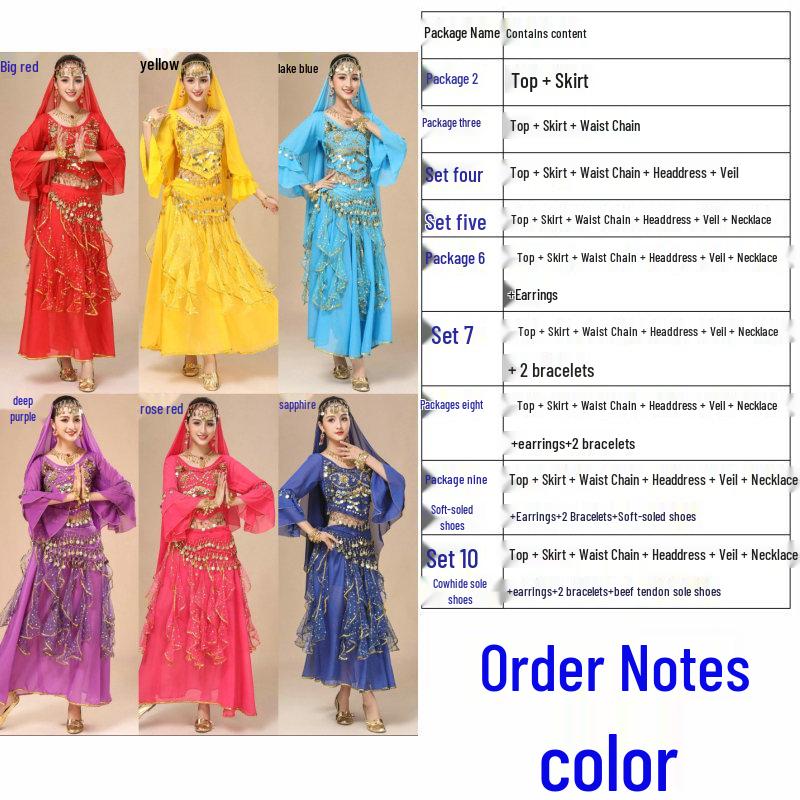 

Костюм для танца живота для женщин - Этнический набор для выступлений с юбкой с рукавами-колокольчиками One Size