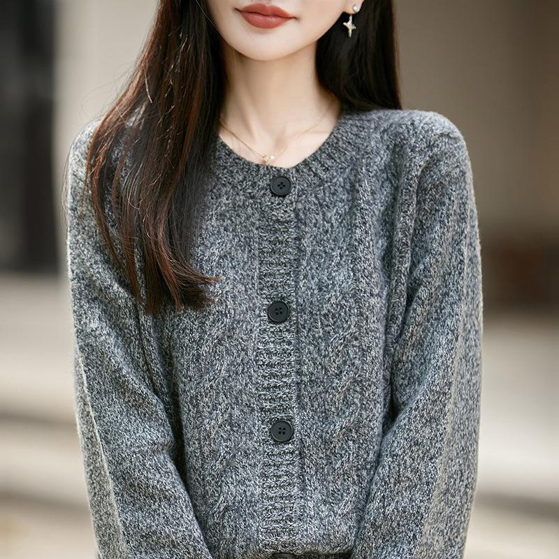 2026 Autumn/Winter Women's Cashmere Wool Cable Knit Cardigan, Round Neck, Long Sleeve, Loose Heather Yarn Sweater