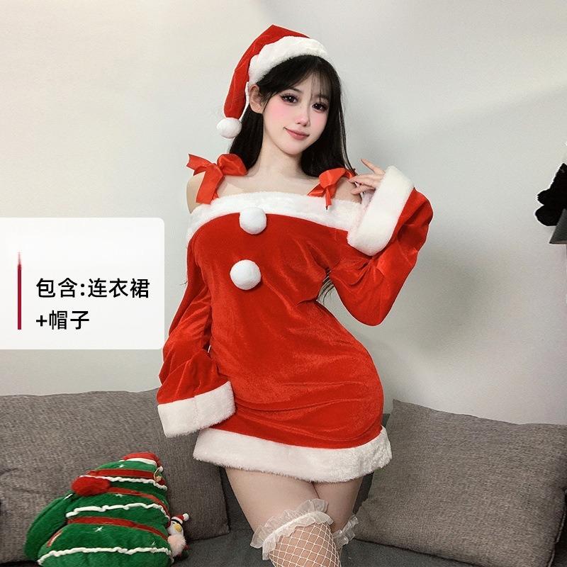 

Рождественская одежда атмосфера ношения бархатный топ-труба с длинным рукавом красный костюм-платье женский One size красный