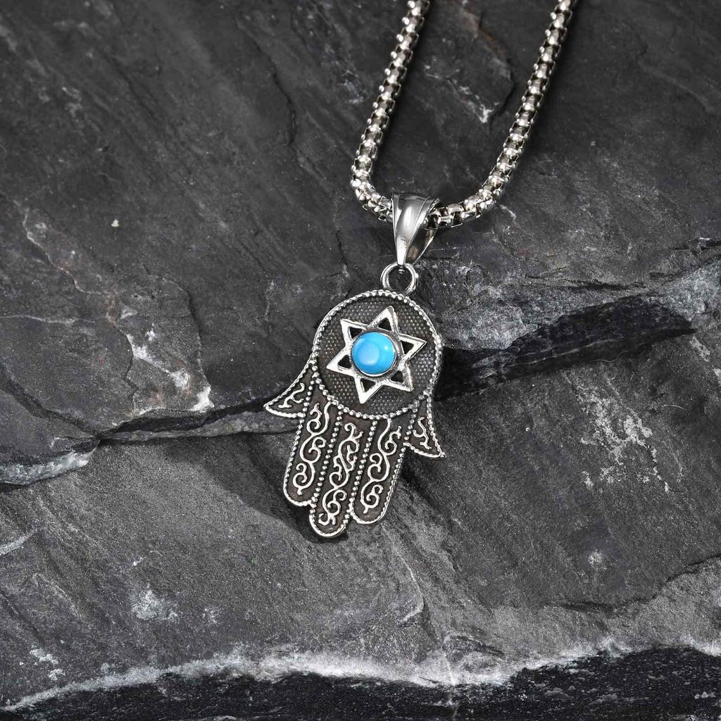 Edelstahl Hexagramm Türkis Fatima Hand Anhänger Halskette (PN-2232)
