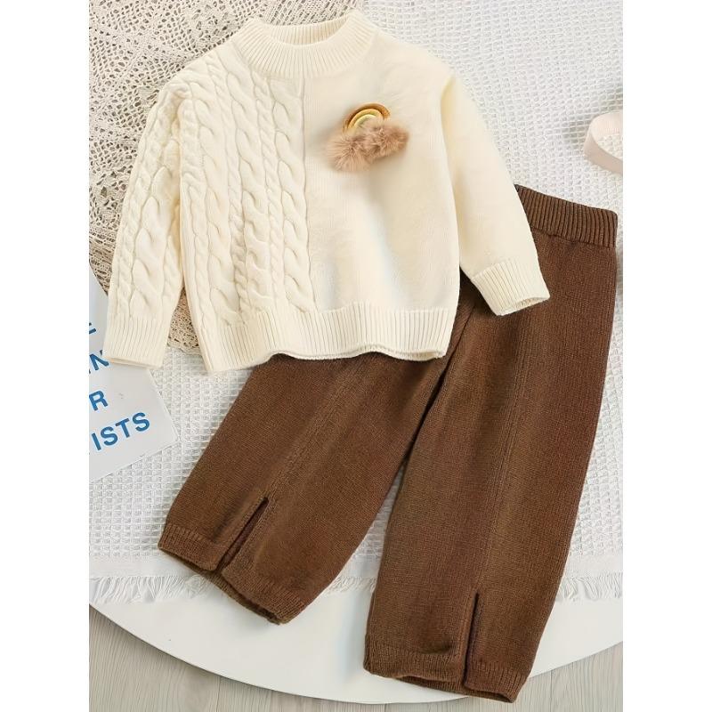 

Комплект свитера с однотонными брюками с косами, костюм-двойка, повседневная одежда, наряд на весну и осень, стиль брюк с косами, дизайн с кабельной вязкой 130cm