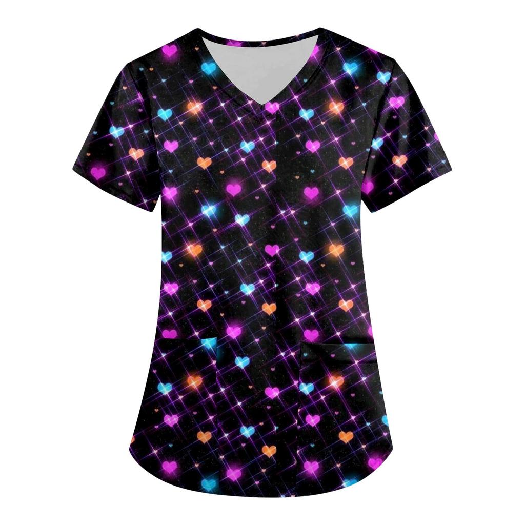 Women's Fashion V-neck Short Sleeve Workwear With Pockets Valentine's Day Printed Tops