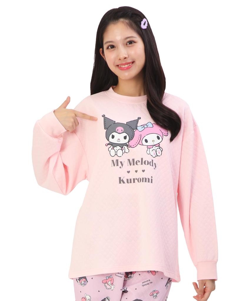 SAZAC My Melody Kuromi Pajamas for Dreamy My Melody x Long Open Knit Quilt Top and Bottoms Loungewear Women, Kuromi, Sleeve, Front, Autumn/Winter Set,