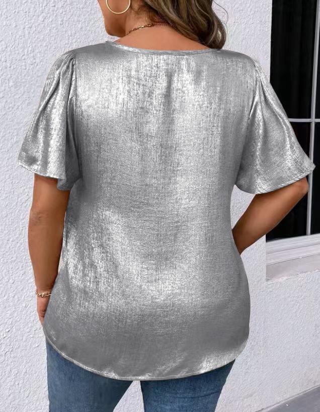 T-shirt Manches Courtes Uni Col en V Coupe Ample pour Femme Printemps/Été 2026