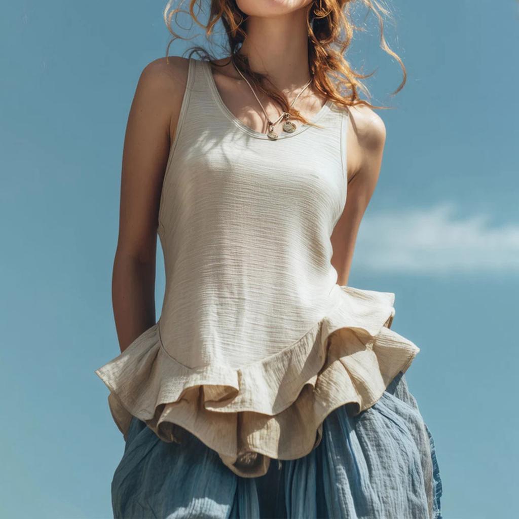 Women Sleeveless Casual Peplum Hem Top Round Neck Relaxed Fit Ruffle Bottom Blouse Lightweight Tank Shirt for Daily Wear