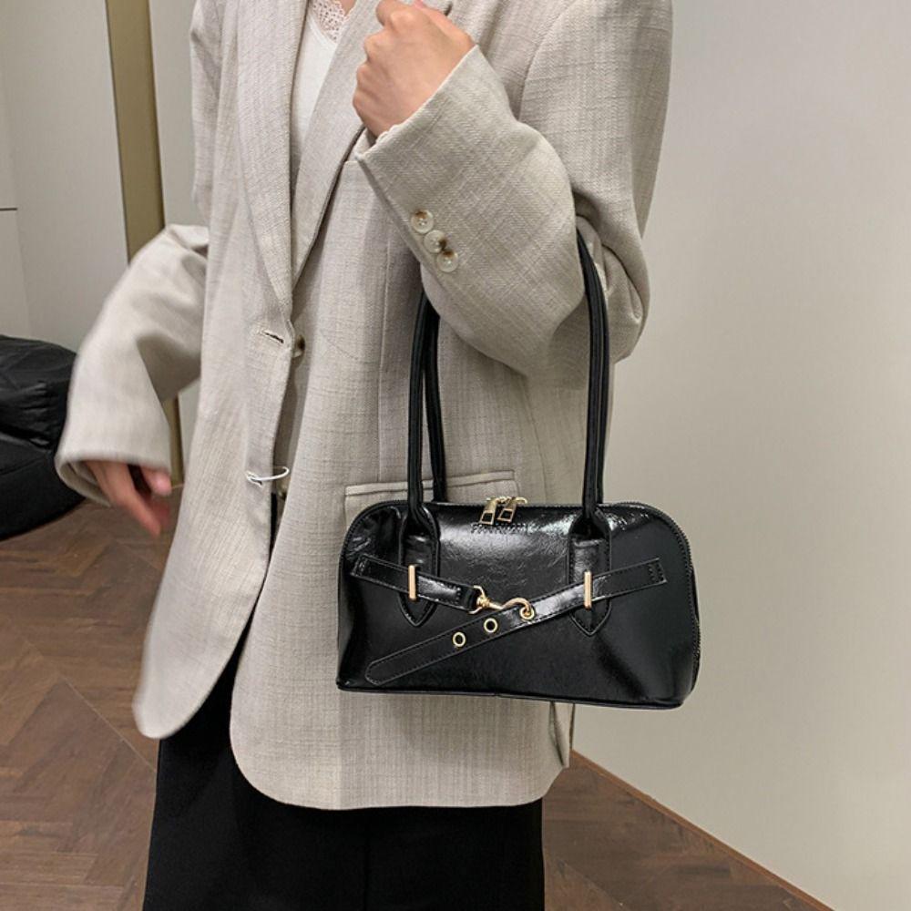 Korean Style Retro Shoulder Bag Solid Color Bowling Bag Fashionable Underarm Bag  Travel