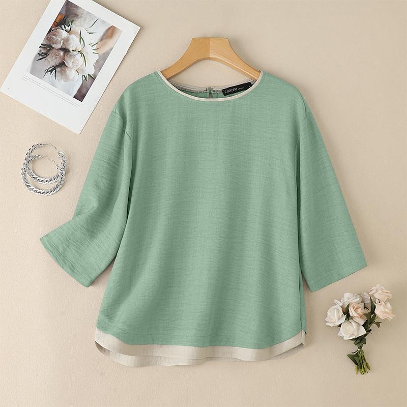 ZANZEA Női Alkalmi Kerek Nyakú Laza 3/4 Ujjú Retro Blúz