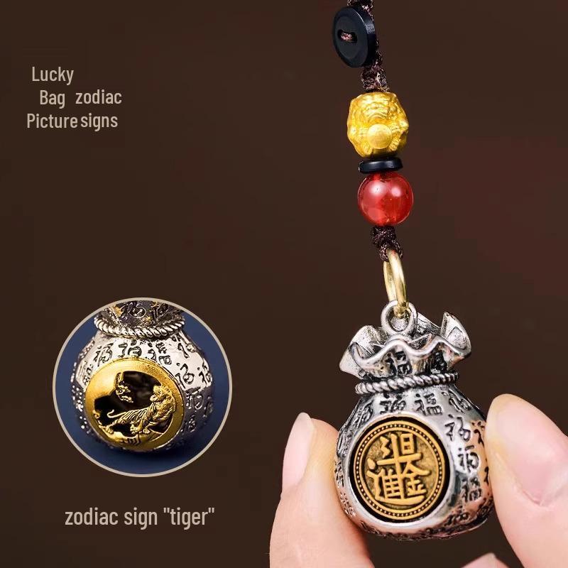 Twelve Zodiac Blessings Money Bag Keychain: Gold Snake Charm for Wealth & Treasure