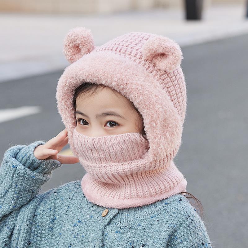 Children's hat winter outdoor velvet warm knitted wool hat cartoon cute bear mask scarf integrated hat