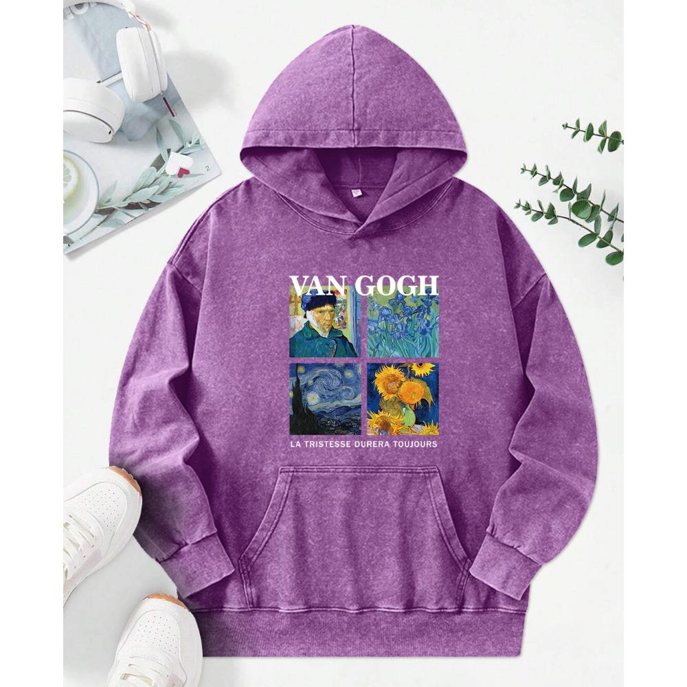 Sunflower Oil Painting Illustration Printing Washed Hoodie Women Comics Hoody Vintage Clothes Autumn Cotton Sportswear