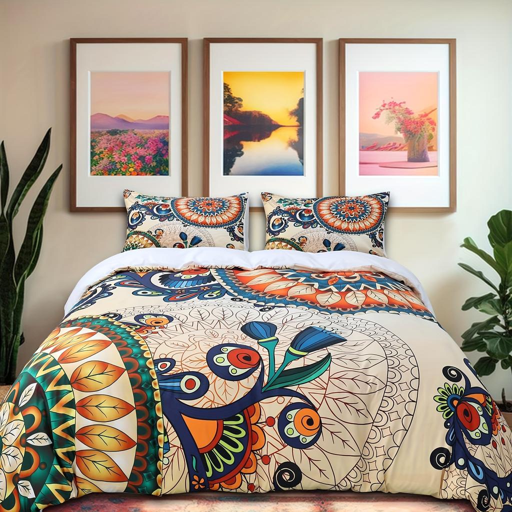 3-Piece Vintage Floral Bohemian Duvet Cover Set - Soft, Indian Mandala Printed Hippie Bedding with 2 Matching Pillowcases