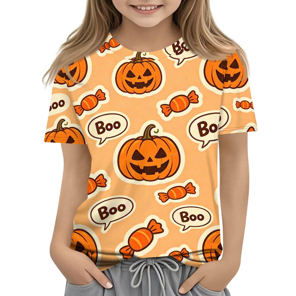 Kids Halloween Printed Short Sleeve T Shirt Casual Round Neck Tee Top Boys Girls Comfortable Fit Soft Fabric