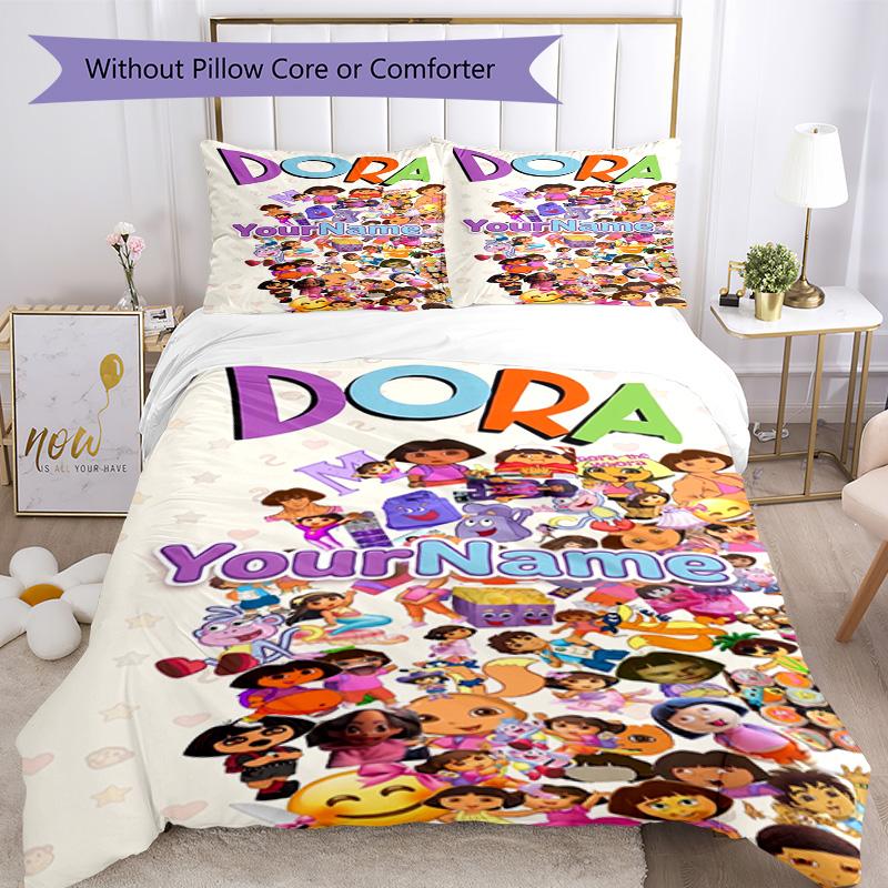 Dora Explorer Customize Your Name Bedding Set Breathable Duvet Cover with Pillowcases Home Decoration Birthday Gift