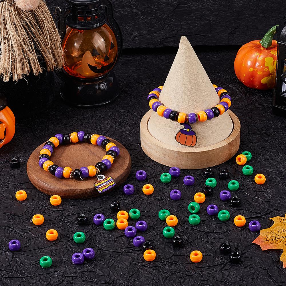 800Pcs 4 Colors Halloween Opaque Plastic Beads Barrel Mixed Color 9x6mm Hole: 3.8mm
