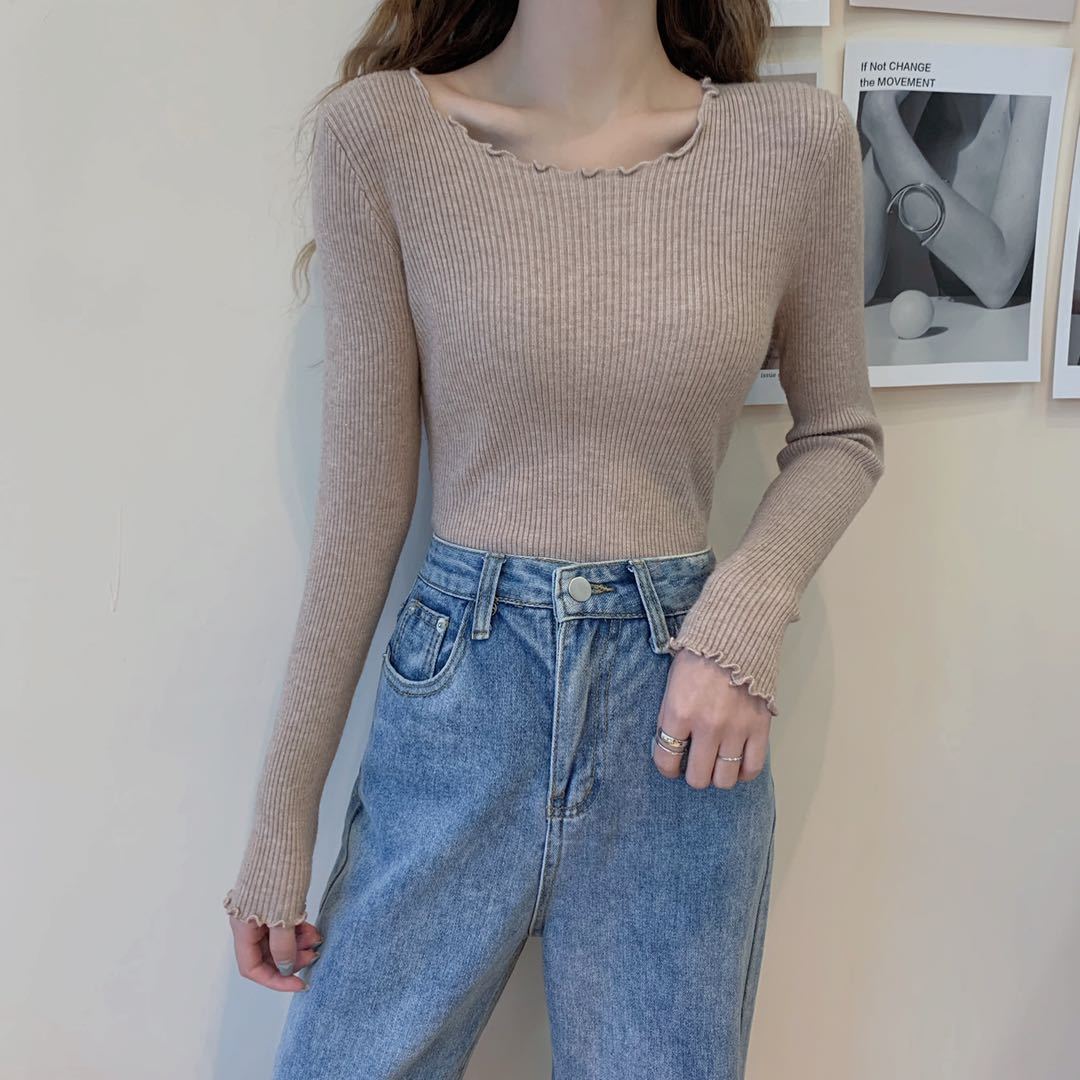 

Осень Зима Женский Базовый Слой Топ Уникальный Дизайн Нишевый Внутренний Свитер С Рюшами Тонкий Трикотажный Топ XL верблюд