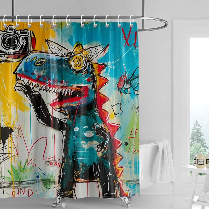 Edgy Cartoon Bear Shower Curtain - Yellow with Graffiti Text & Bold Colors, Waterproof with Grommets, Urban Bathroom Decor