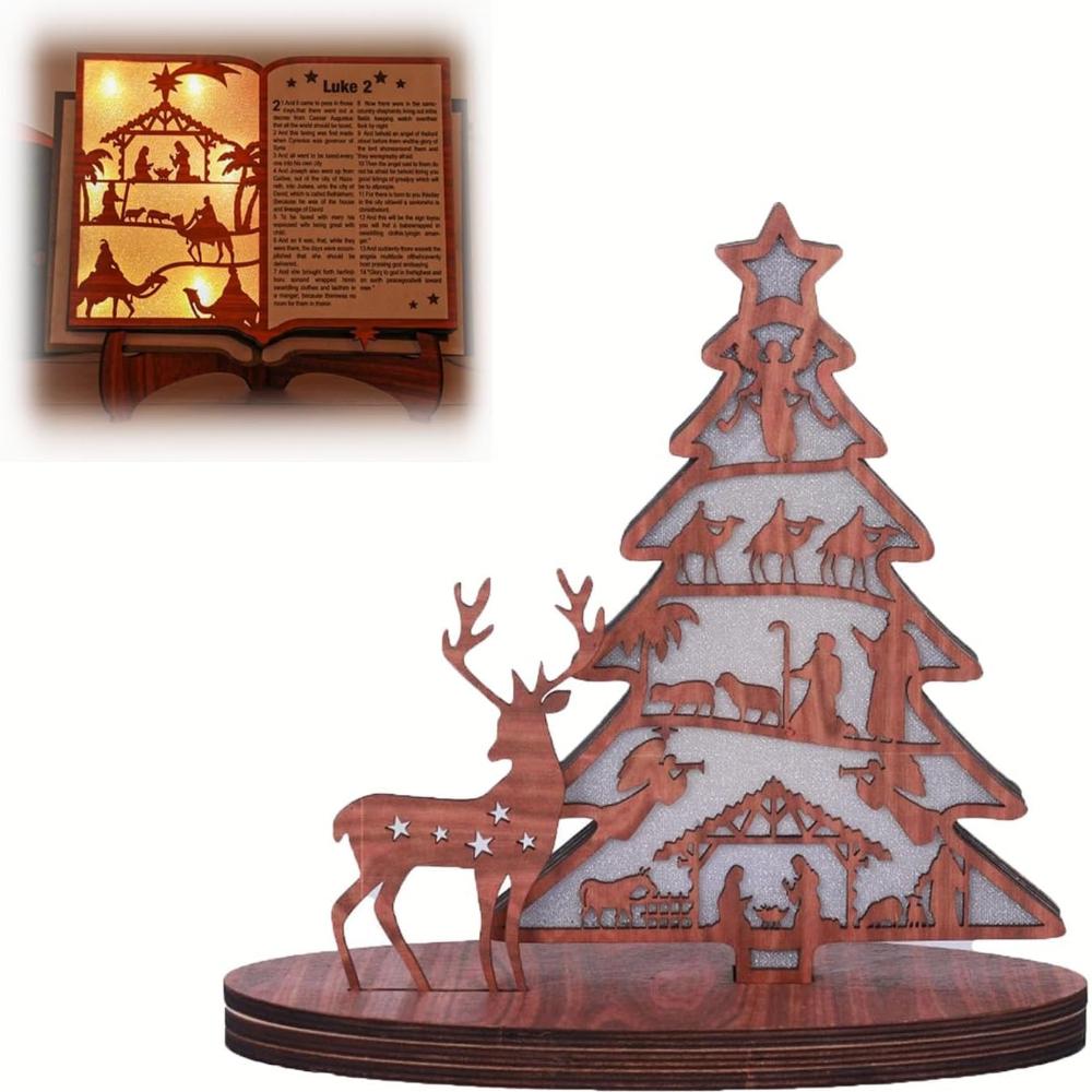 Espositore per libri di presepe in legno di Natale 3D con luce, set per presepe in legno, decorazioni per presepe con luce a LED per decorazioni per scaffali