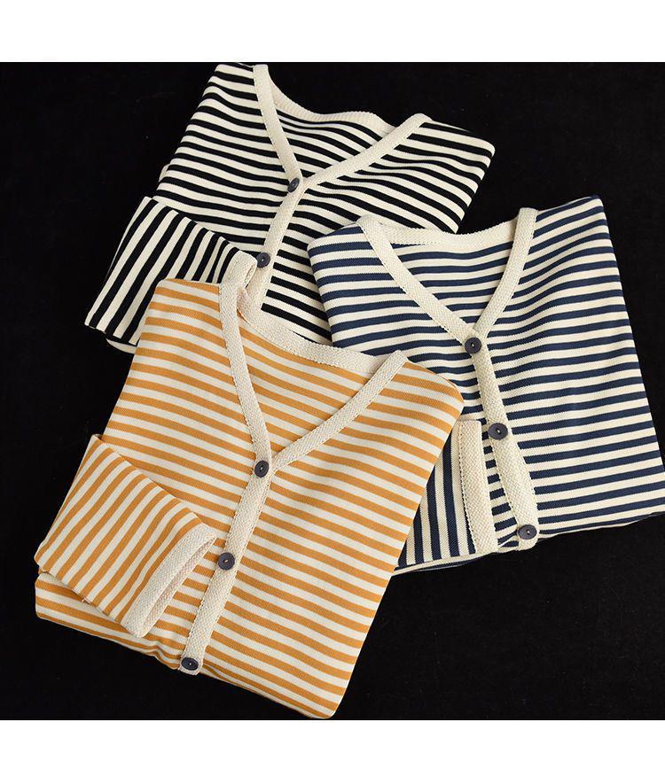 Spring Striped Webbing-Edged Single-Breasted Long Sleeve Women's Jacket Cardigan