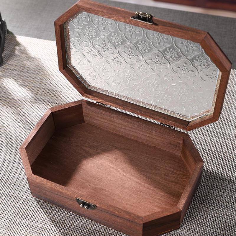 

Chinese classical crabapple flower glass storage box, wooden box, jewelry organizer S