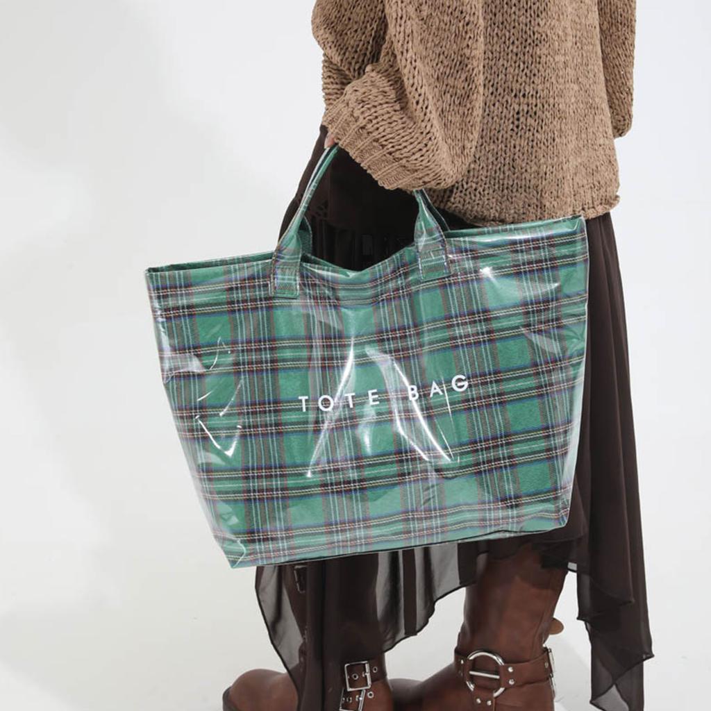 PVC Tote Bag Plaid Work Handbags Purses Large Shoulder Handbag Plastic Carry All Bag for Women Work Travel Fashion Shopping Bag