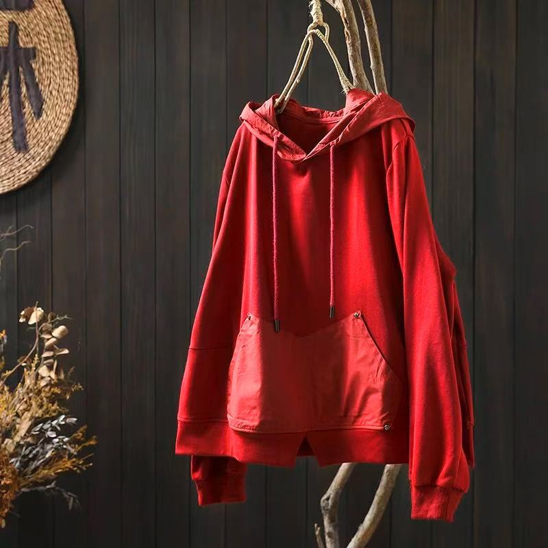 Johnature Women Vintage Hooded T-Shirts Solid Color Patchwork Pockets Autumn Long Sleeve Loose Casual T-Shirts