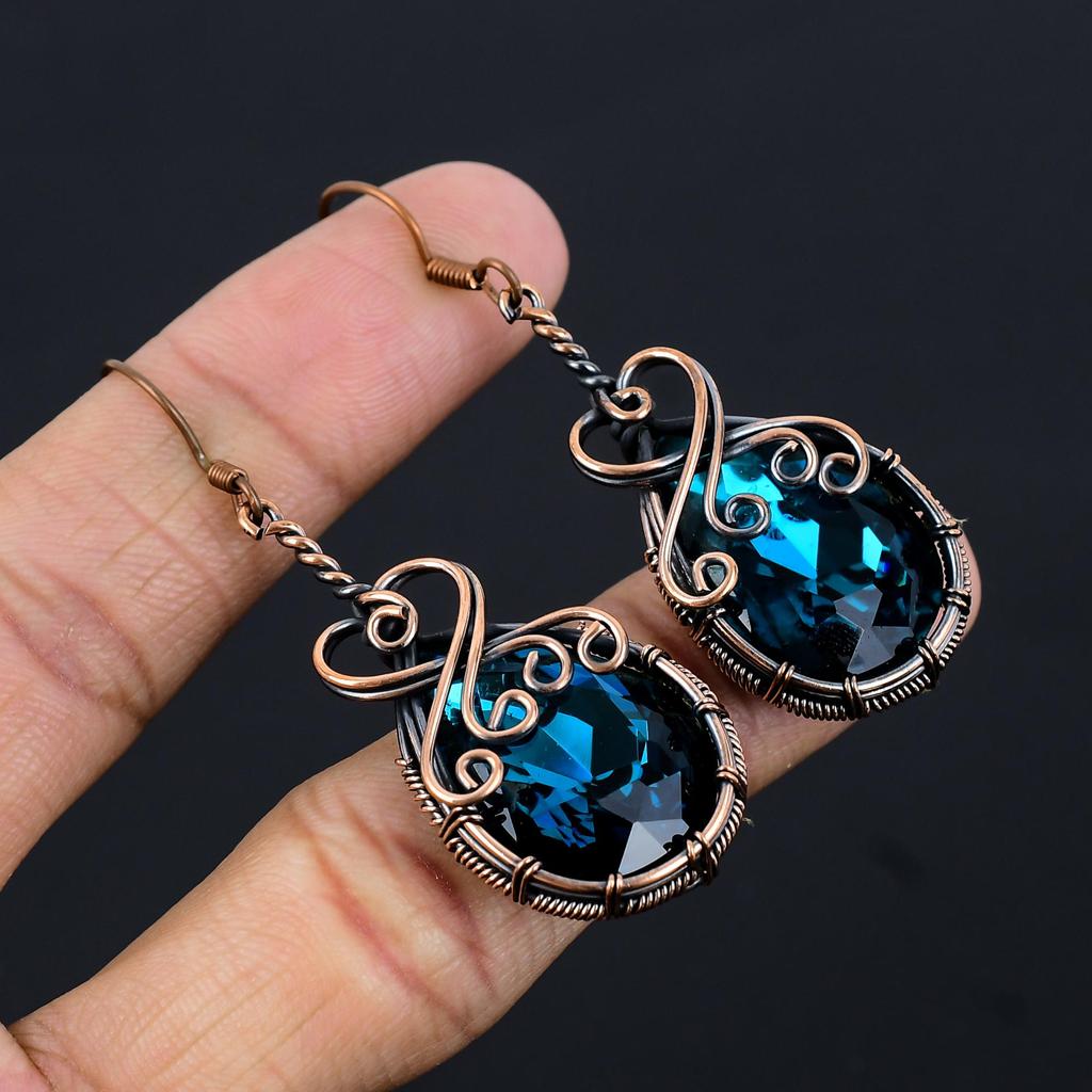 Indicolite & Tourmaline Topaz Earrings Gemstone Jewelry, 999 Copper Wire Wrapped Earrings, Handmade Beautiful Jewelry Earrings
