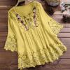 Plus Size Women Loose Shirt Half Sleeve with Lace Flower Embroidery